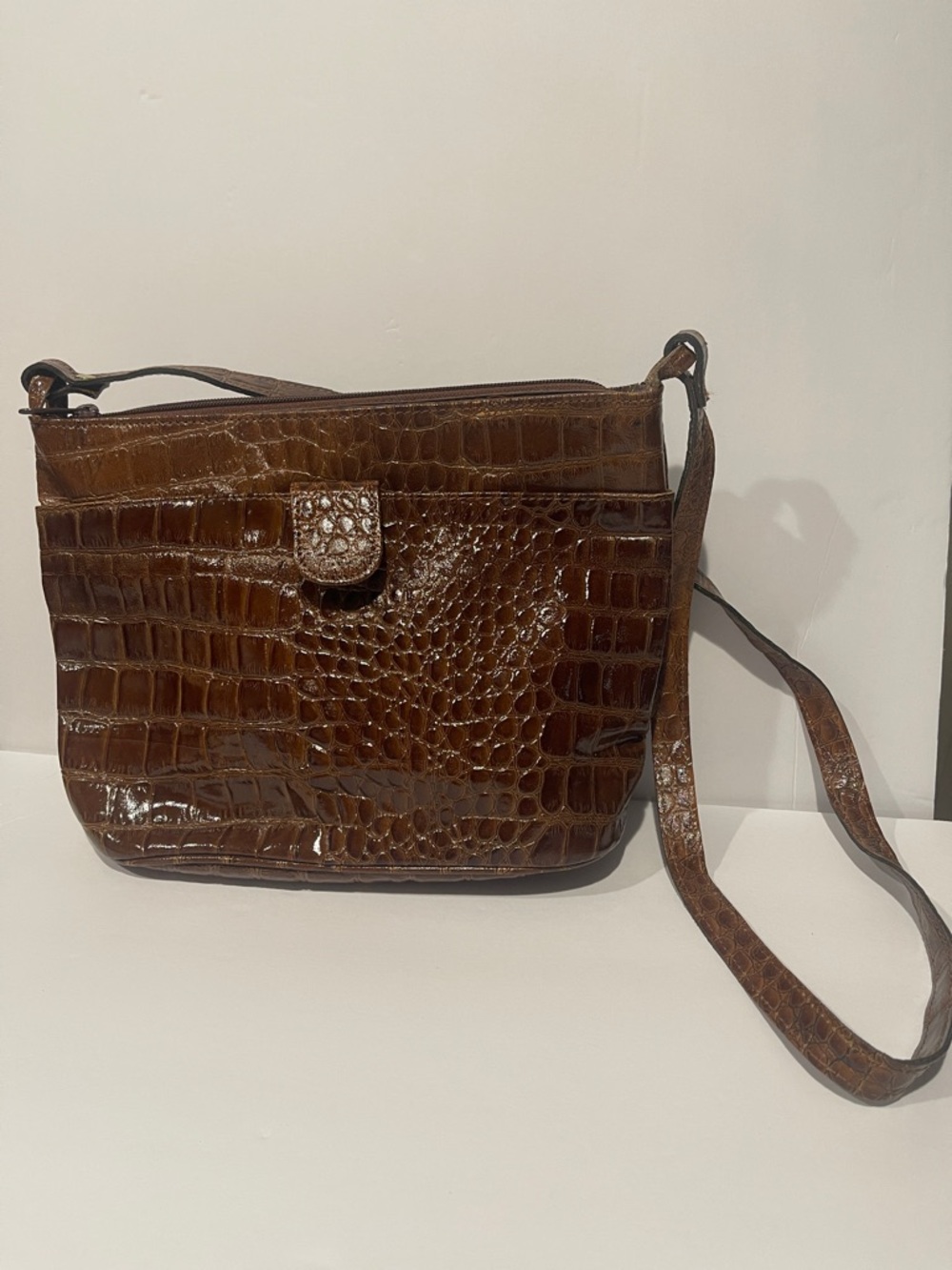 Victory Brown Croc-Embossed genuine split Leather Crossbody Bag vintage y2k